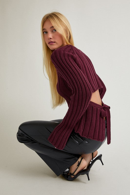 Long Sleeve Open Back Tie Knit Sweater Burgundy