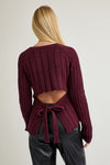 Long Sleeve Open Back Tie Knit Sweater Burgundy