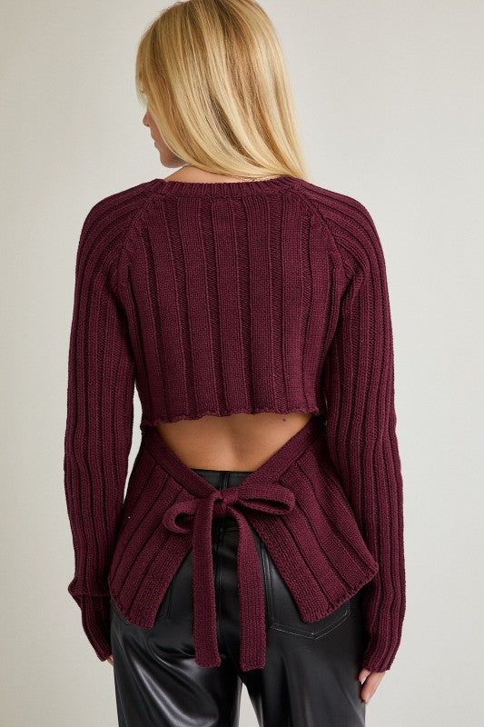 Long Sleeve Open Back Tie Knit Sweater Burgundy
