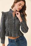  Long Puff Sleeve Button Down Plaid Print Peplum Top Black