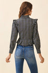  Long Puff Sleeve Button Down Plaid Print Peplum Top Black