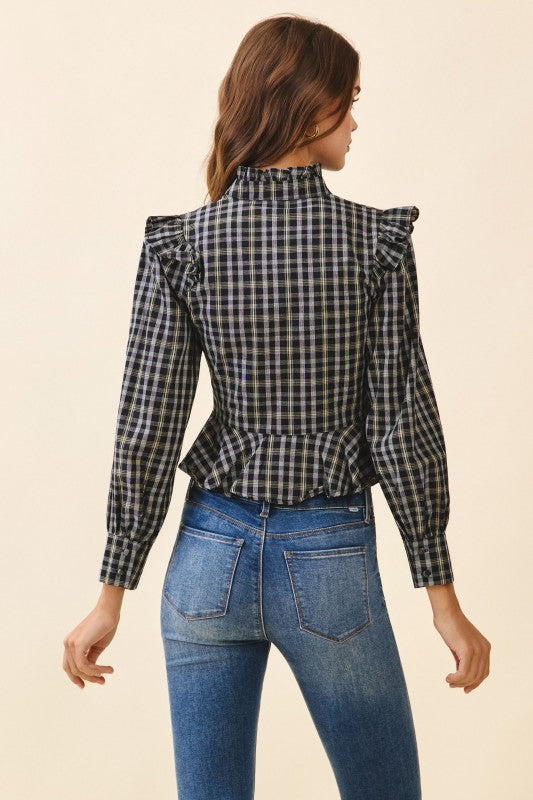  Long Puff Sleeve Button Down Plaid Print Peplum Top Black