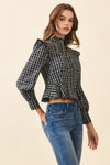  Long Puff Sleeve Button Down Plaid Print Peplum Top Black