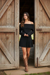 Long Sleeve Off The Shoulder Pleated Knit Mini Dress Black