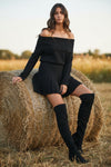 Long Sleeve Off The Shoulder Pleated Knit Mini Dress Black