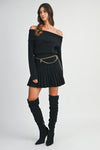 Long Sleeve Off The Shoulder Pleated Knit Mini Dress Black