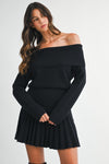 Long Sleeve Off The Shoulder Pleated Knit Mini Dress Black