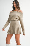 Long Sleeve Off The Shoulder Pleated Knit Mini Dress Mocha