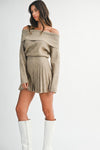 Long Sleeve Off The Shoulder Pleated Knit Mini Dress Mocha