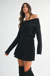 Long Sleeve Off The Shoulder Pleated Knit Mini Dress Black