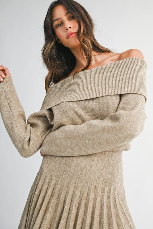 Long Sleeve Off The Shoulder Pleated Knit Mini Dress Mocha