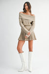 Long Sleeve Off The Shoulder Pleated Knit Mini Dress Mocha