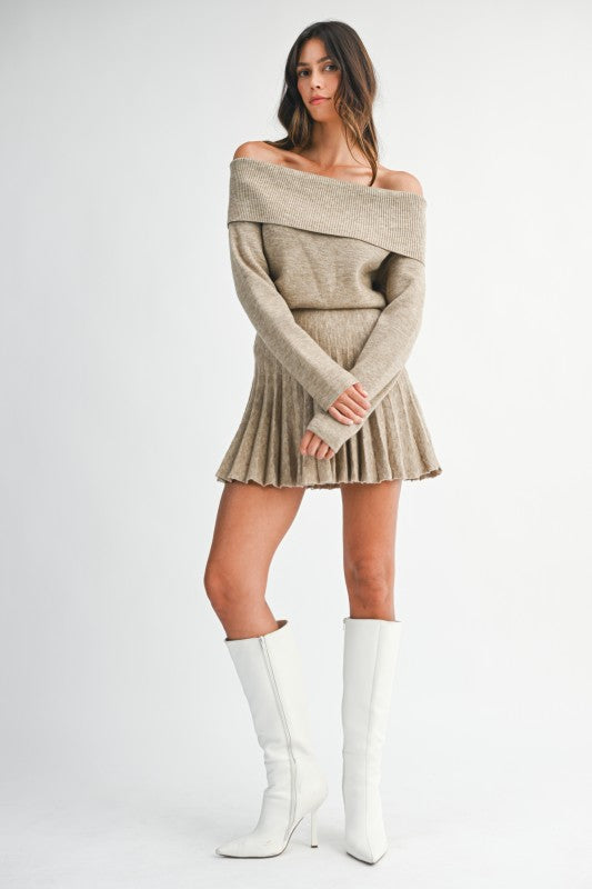 Long Sleeve Off The Shoulder Pleated Knit Mini Dress Mocha