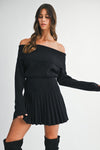 Long Sleeve Off The Shoulder Pleated Knit Mini Dress Black