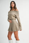 Long Sleeve Off The Shoulder Pleated Knit Mini Dress Mocha