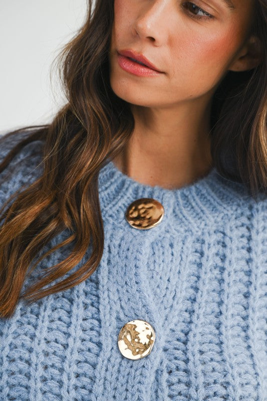 Long Sleeve Chunky Button Down Cardigan Blue