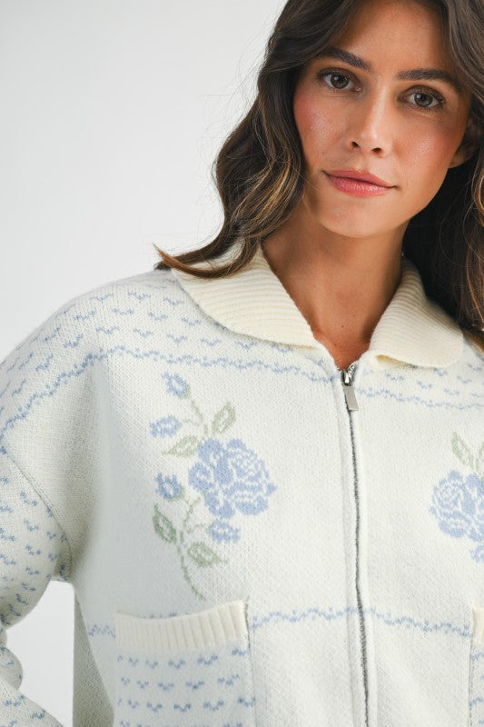 Long Sleeve Zip Up Floral Print Knit Jacket Blue
