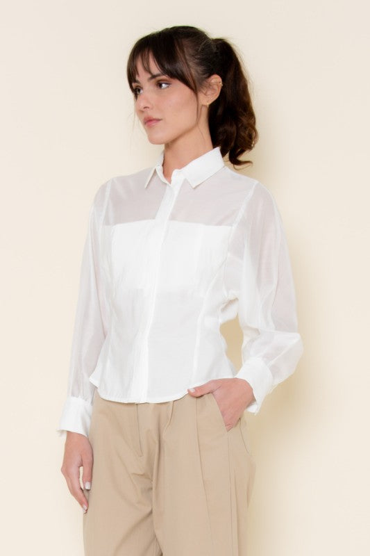 Long Sleeve Button Down Sheer Top White