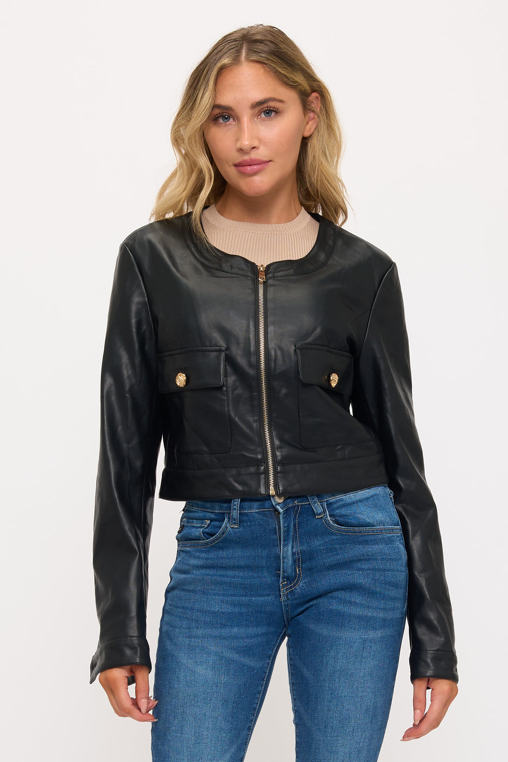 Long Sleeve Faux Leather Crop Jacket Black