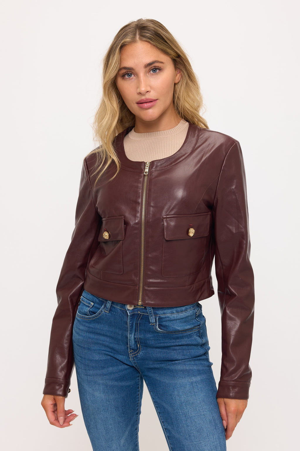 Long Sleeve Faux Leather Crop Jacket Burgundy