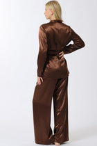Long Sleeve Belted Jacket And Pants Satin Set Brown
