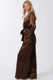 Long Sleeve Belted Jacket And Pants Satin Set Brown