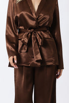 Long Sleeve Belted Jacket And Pants Satin Set Brown