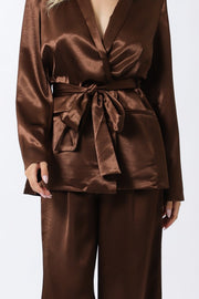 Long Sleeve Belted Jacket And Pants Satin Set Brown