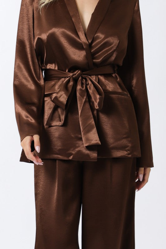 Long Sleeve Belted Jacket And Pants Satin Set Brown