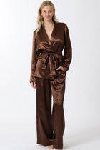 Long Sleeve Belted Jacket And Pants Satin Set Brown