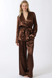Long Sleeve Belted Jacket And Pants Satin Set Brown