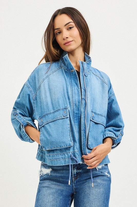 Long Sleeve Oversized Cargo Denim Jacket Medium Wash