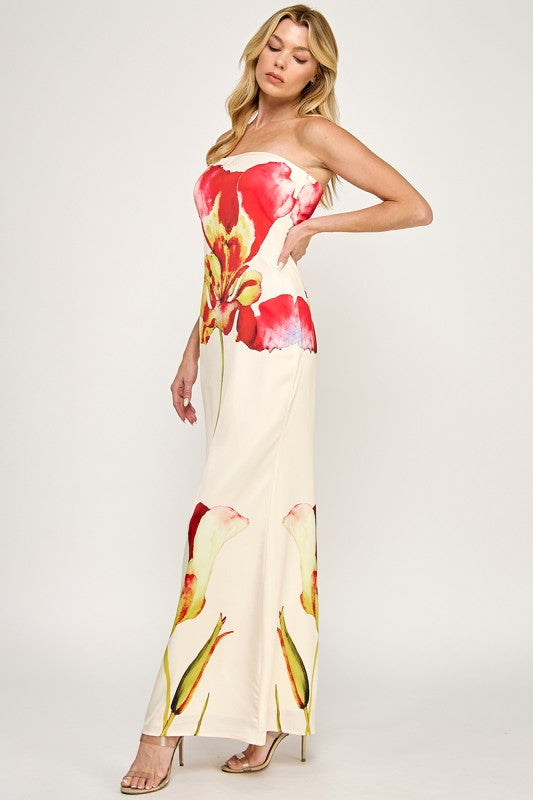 Sleeveless Floral Print Maxi Dress Red