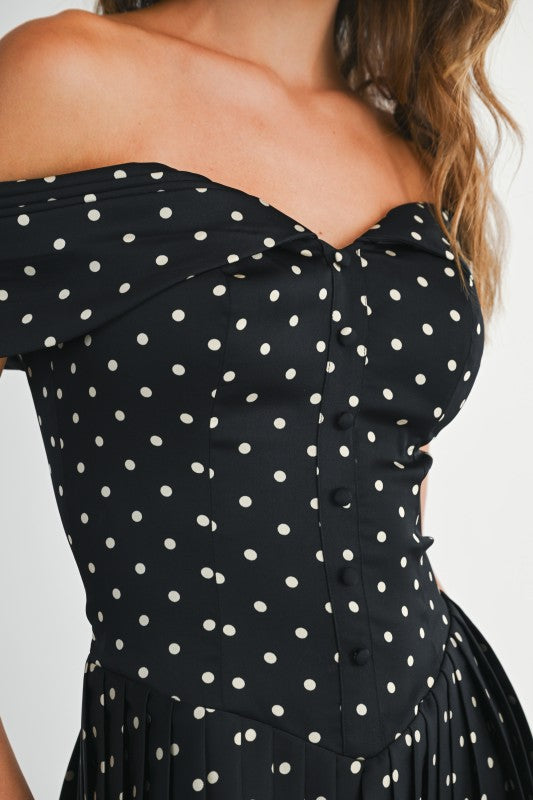 Off The Shoulder Polka Dot Print Mini Dress Black