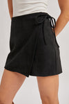 High Waist Faux Suede Wrap Mini Skort Black