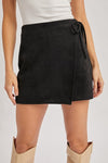 High Waist Faux Suede Wrap Mini Skort Black
