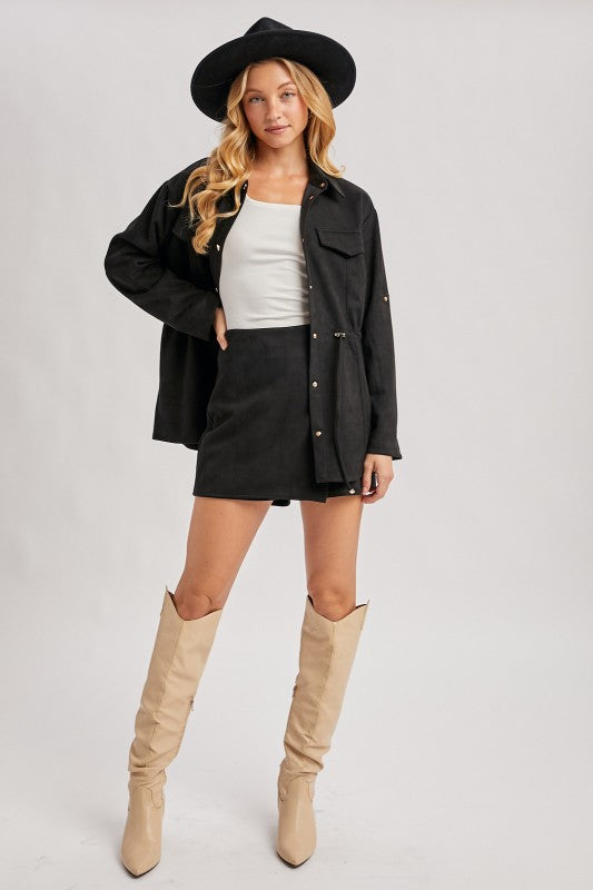 High Waist Faux Suede Wrap Mini Skort Black