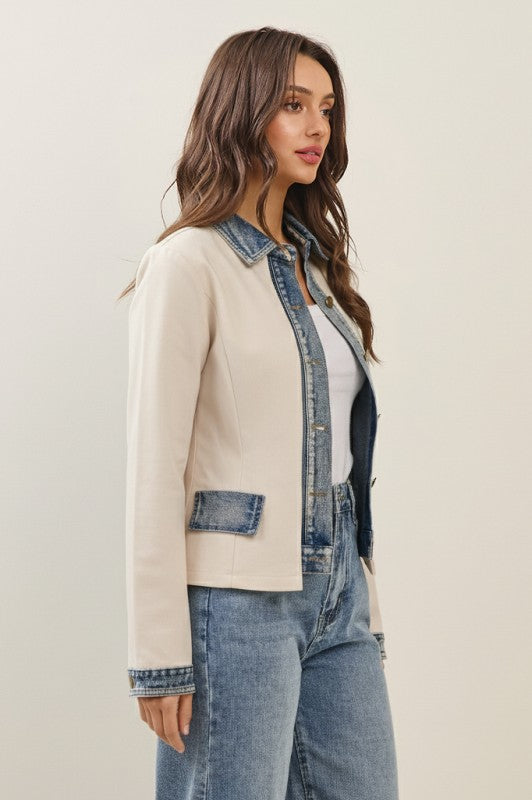 Long Sleeve Knit Denim Trim Shacket Taupe