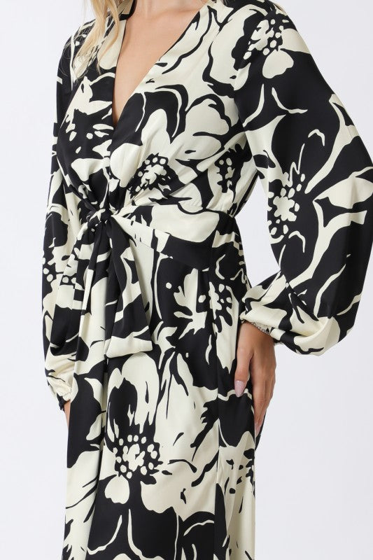 Long Sleeve Waist Tie Floral Print Maxi Dress Black