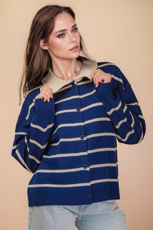 Long Sleeve Button Down Stripe Print Knit Cardigan Navy