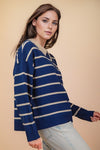 Long Sleeve Button Down Stripe Print Knit Cardigan Navy