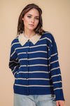 Long Sleeve Button Down Stripe Print Knit Cardigan Navy