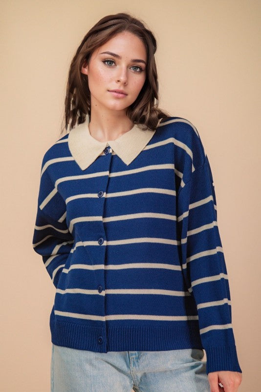 Long Sleeve Button Down Stripe Print Knit Cardigan Navy