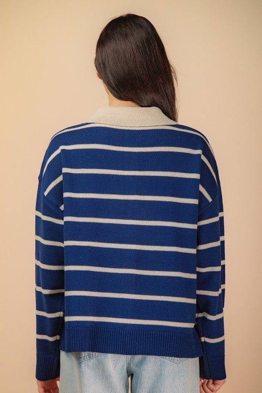 Long Sleeve Button Down Stripe Print Knit Cardigan Navy