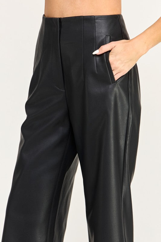  High Waist Faux Leather Wide Leg Pants Black