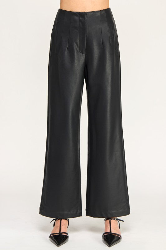  High Waist Faux Leather Wide Leg Pants Black