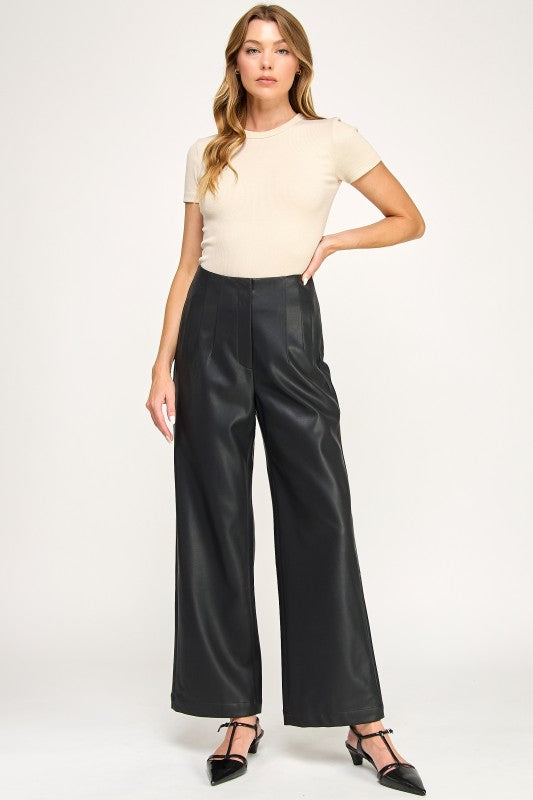  High Waist Faux Leather Wide Leg Pants Black