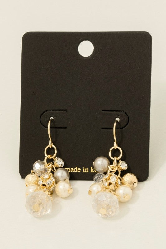 Pearl Cluster Dangle Drop Earrings Gold Grey