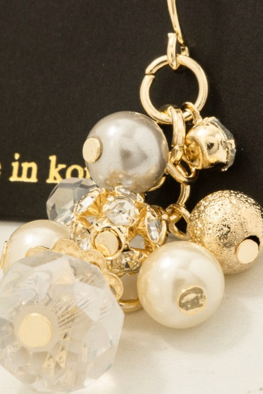 Pearl Cluster Dangle Drop Earrings Gold Grey