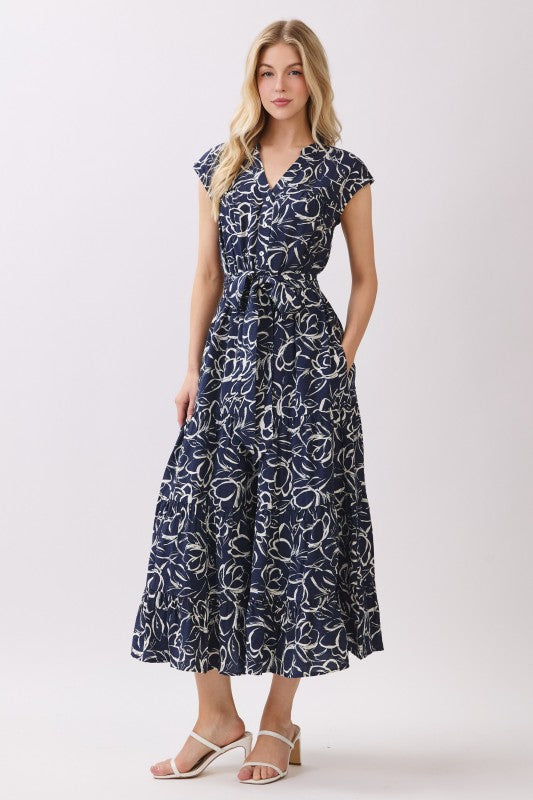Short Sleeve Waist Tie Floral Print Maxi Dress Navy